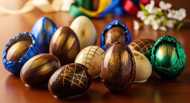  Collection of artisan dark, milk and white chocolate Easter eggs with gold brushstroke and geometric decorations beside colorful ribbon, holiday confectionery.