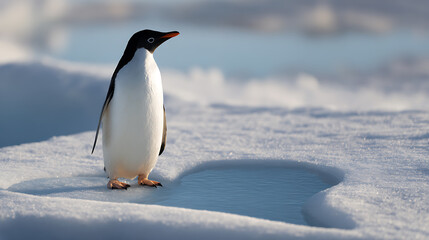 Fototapeta premium Charming Small Penguin Stands Tall on Icy Arctic Surface Next to a Clear Blue Water Pool Under Bright Daylight Sky, Wildlife View