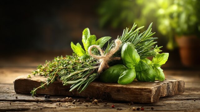 An arrangement of fresh rosemary, thyme, and basil herbs tied with twine on a rustic wooden board, showcasing natural culinary ingredients.