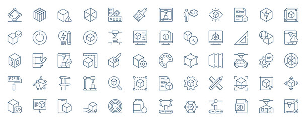 3d printing web icons set in line stroke design. Outline pictogram pack of printer, cube shapes, digital modelling, rapid prototype, engineering, additive manufacturing, more. Vector illustration. © alexdndz