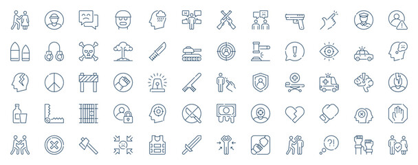 Abuse and violence web icons set in line stroke design. Outline pictogram pack of abuse, harassment, cyber bullying, conflicts, weapons, assault, discrimination, security, more. Vector illustration. © alexdndz
