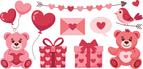 Cute Valentine's Day vector set featuring pink teddy bears heart balloons gift boxes and love letters for romantic design. © mstlipibegum