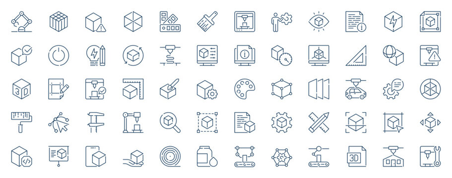 3d printing web icons set in line stroke design. Outline pictogram pack of printer, cube shapes, digital modelling, rapid prototype, engineering, additive manufacturing, more. Vector illustration.