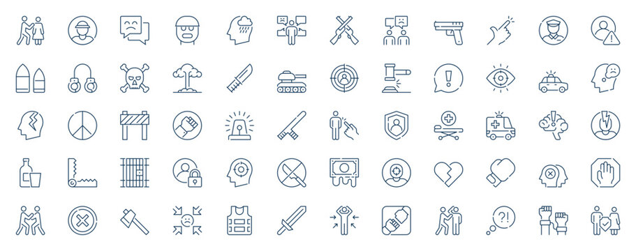 Abuse and violence web icons set in line stroke design. Outline pictogram pack of abuse, harassment, cyber bullying, conflicts, weapons, assault, discrimination, security, more. Vector illustration.