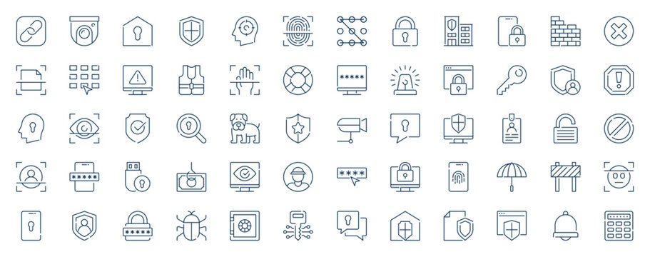 Security protection web icons set in line stroke design. Outline pictogram pack of camera surveillance, lock, protect, fingerprint scanning, password, phishing, firewall, more. Vector illustration.