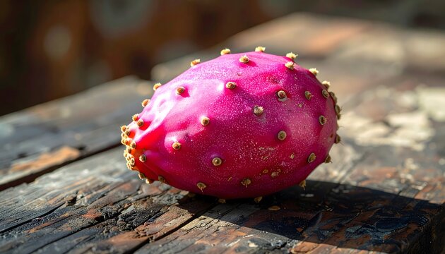 Single vibrant pink prickly pear fruit or opuntia cactus fruit on a rustic wooden table.