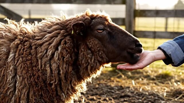 Sheep eating from human hand farm.
