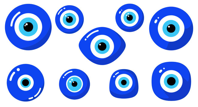 Collection of blue evil eye charms, protection symbols, good luck talismans