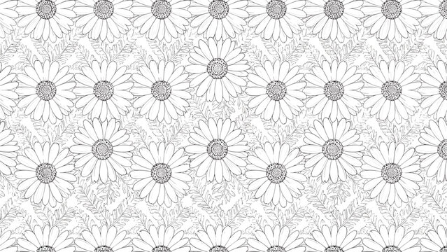 Detailed black and white seamless pattern of daisy flowers with intricate petal textures for elegant floral backgrounds.
