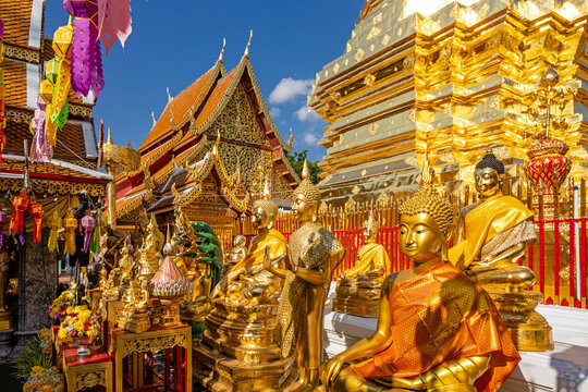 Chiang Mai, Thailand &ndash; Golden Buddha statues at Wat Phra That Doi Suthep Temple, the most famous temple near Chiang Mai.