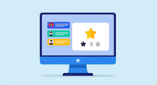 A computer monitor displays a rating system with stars on screen in office