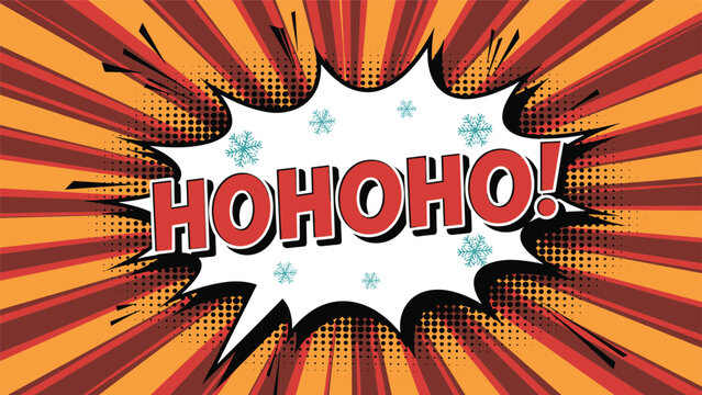 Festive Christmas themed comic explosion with hohoho text, snowflakes, and rays in warm orange, red, and brown tones for holiday designs.