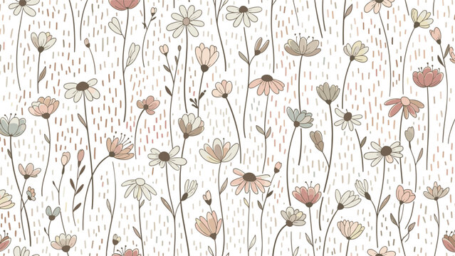 Soft seamless floral pattern with small hand drawn wildflowers and grasses in muted pastel colors on a white textured background.