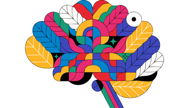 Abstract Vector Illustration of Human Brain as Colorful Organised Garden with Flowers and Foliage representing Mental Wellness