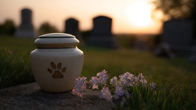 Ceramic pet urn with paw print and delicate flowers in a serene cemetery at sunset, symbolizing pet loss, remembrance, and enduring love