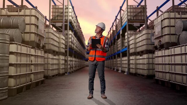 Full Body Of Asian Male Engineer With Safety Helmet Looking At The Tablet In His Hand And Looking Around While Standing at Warehouse with Containers and Barrels