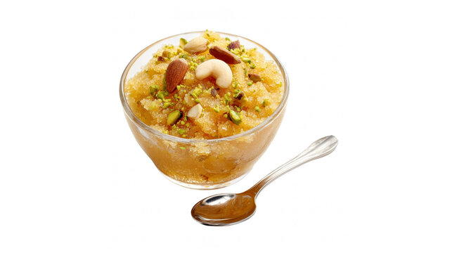 Golden sweet semolina halwa dessert in a glass bowl garnished with assorted nuts and a spoon.