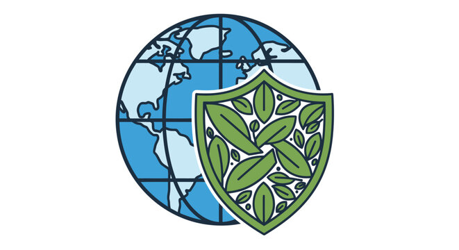 A shield with green leaves overlaps a blue globe map.