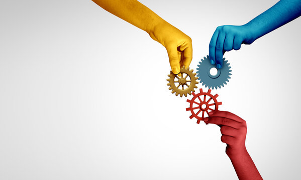 Three Person Team to connect as a group concept and unity or trio teamwork idea as a business metaphor for joining a trilateral partnership as diverse people connected together as a corporate symbol f