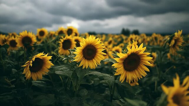 Sunflowers fill a field under a moody, clouded sky. Bright yellow petals frame dark centers as the foreground blooms stand in sharp focus, fading into a hazy distance
