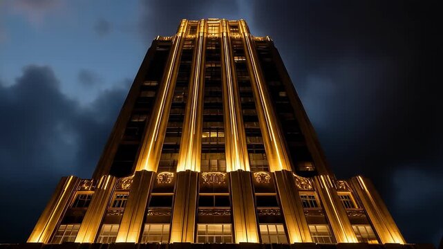 A tall art-deco skyscraper glows with vertical gold lights; warm illumination frames the fa&ccedil;ade as dusk clouds swirl, creating a dramatic city silhouette