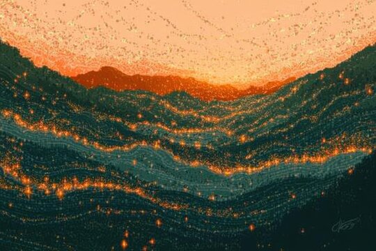 Minimalistic sgraffito style landscape illustration with glowing hills at sunset