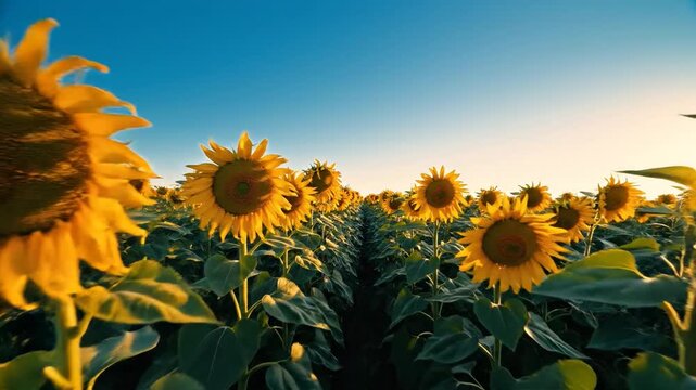 A vast field of sunflowers stretching towards the horizon under a clear blue sky