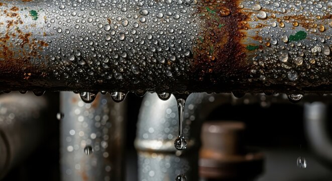 Corroded industrial pipe with water droplets dripping from metal base