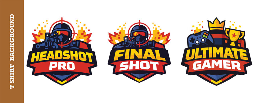 Colorful vibrant gaming logo designs featuring competitive esports themes with soldiers and gaming controllers isolated