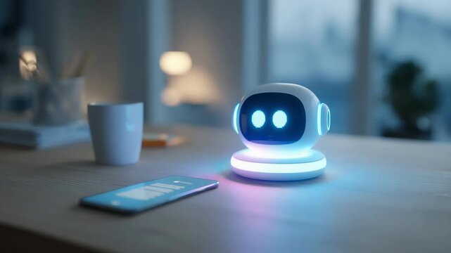Small white robot with a glossy black face sits on a glowing base on a desk; a smartphone lies nearby, while a mug glows softly in the background, under warm evening light
