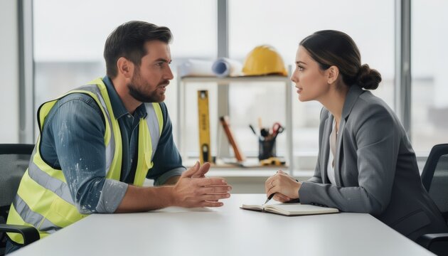 Medium shot of a contractor and insurance expert consulting over liability protection with blueprints and tools in the blurred background creating a focused dialogue atmosphere.