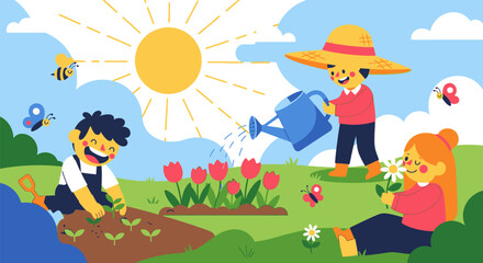 Obraz premium Children are planting flowers in a sunny garden with bees flying around.
