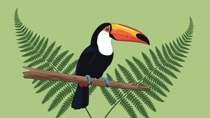 Fototapeta premium Beautiful toucan bird perched on a wooden branch surrounded by large green fern leaves against a soft green background.