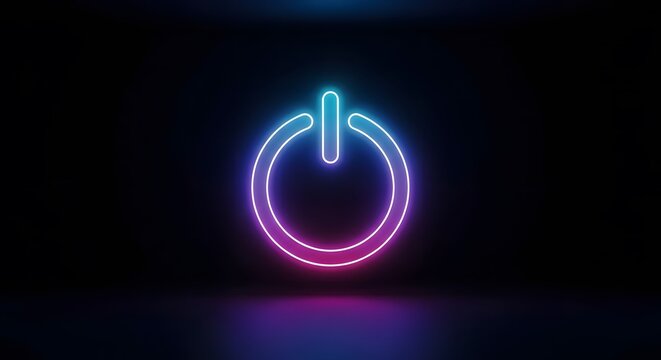Neon power button symbol in dark background with pink and blue glow
