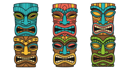 Colorful Tiki Masks Stacked for Tropical Island Culture and Decoration © Mangga