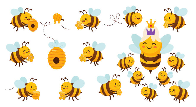 Cute Cartoon Bees and Queen Bee with Honeycomb and Hive