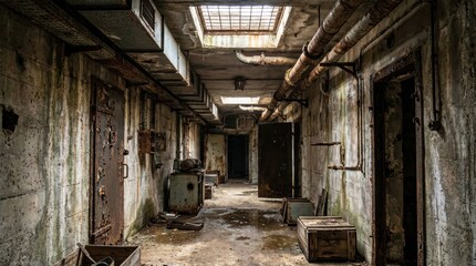 Fototapeta premium Abandoned concrete corridor with rusted pipes decaying walls and multiple weathered doors Overhead skylight illuminates