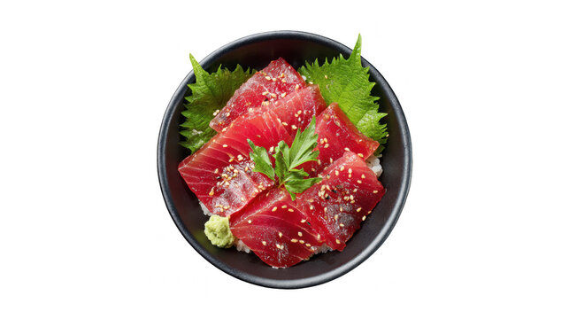 Classic Japanese tekka don bowl displaying fresh tuna, sesame seeds, shiso, and green wasabi paste.