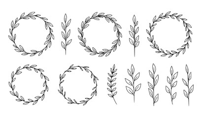 Obraz premium Hand Drawn Floral Wreath Vector Set with Leaves and Branches on White Background
