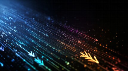 Obraz premium Digital streams of colorful light particles flow diagonally across a dark background creating an abstract sense of movement and data transfer