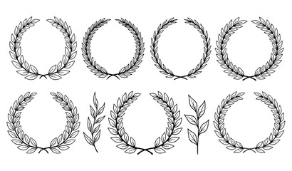 Obraz premium Hand Drawn Laurel Wreath Vector Set with Botanical Branches Black Line Illustration