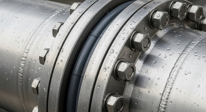 Industrial steel pipe flange joint secured with heavy bolts and nuts