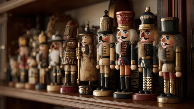 A collection of antique nutcrackers of various sizes and designs lined up perfectly on a wooden shelf,