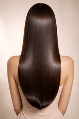 Naklejka premium Beautiful woman showcasing elegant back view of U haicut/ V haircut on straight silky smooth coloured hair with glossy shine