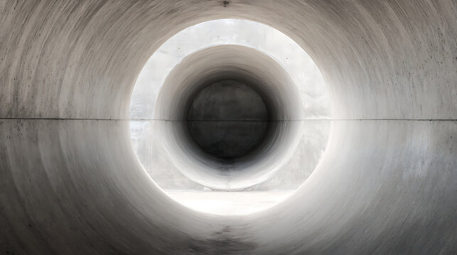 Abstract concrete tunnel with concentric circles and light at end, modern architectural design, industrial background texture, perspective view, surreal