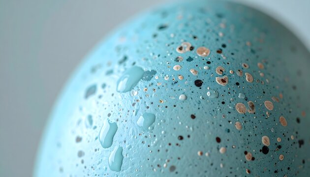 Macro shot of a speckled light blue bird egg with water droplets on the shell.