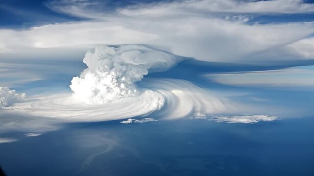 Gigantic cumulonimbus storm cloud formation swirling dramatically over a vast ocean, showcasing powerful atmospheric forces at play.