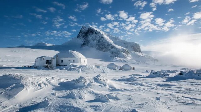 A remote snowfield hosts a white dome research station at the foot of a jagged, snow-covered peak; clear blue sky above, wind-swept ice, and stark, icy landscape
