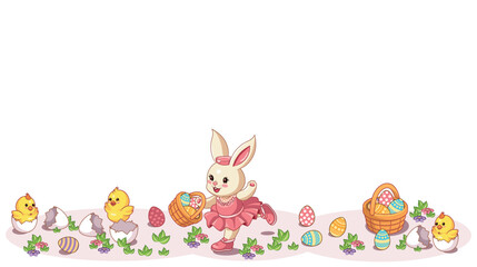 Obraz premium Seamless Cute Easter Banner with Bunny, Eggs, Chick and Basket in Pastel Colors