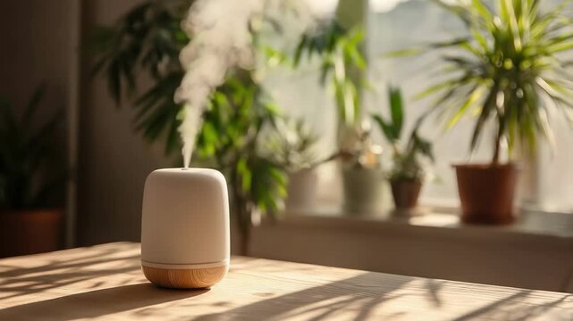 A small white diffuser with a wood base sits on a sunlit wooden table; mist rises softly as potted plants frame a bright window, creating a calm, indoor garden vibe